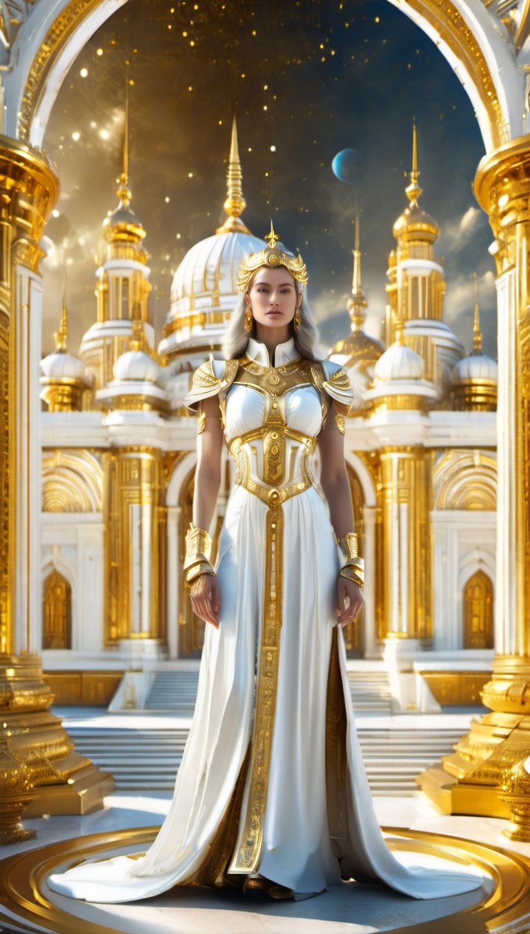 full body, photo to a fit woman, white and gold, temple background
,Renaissance Sci-Fi Fantasy