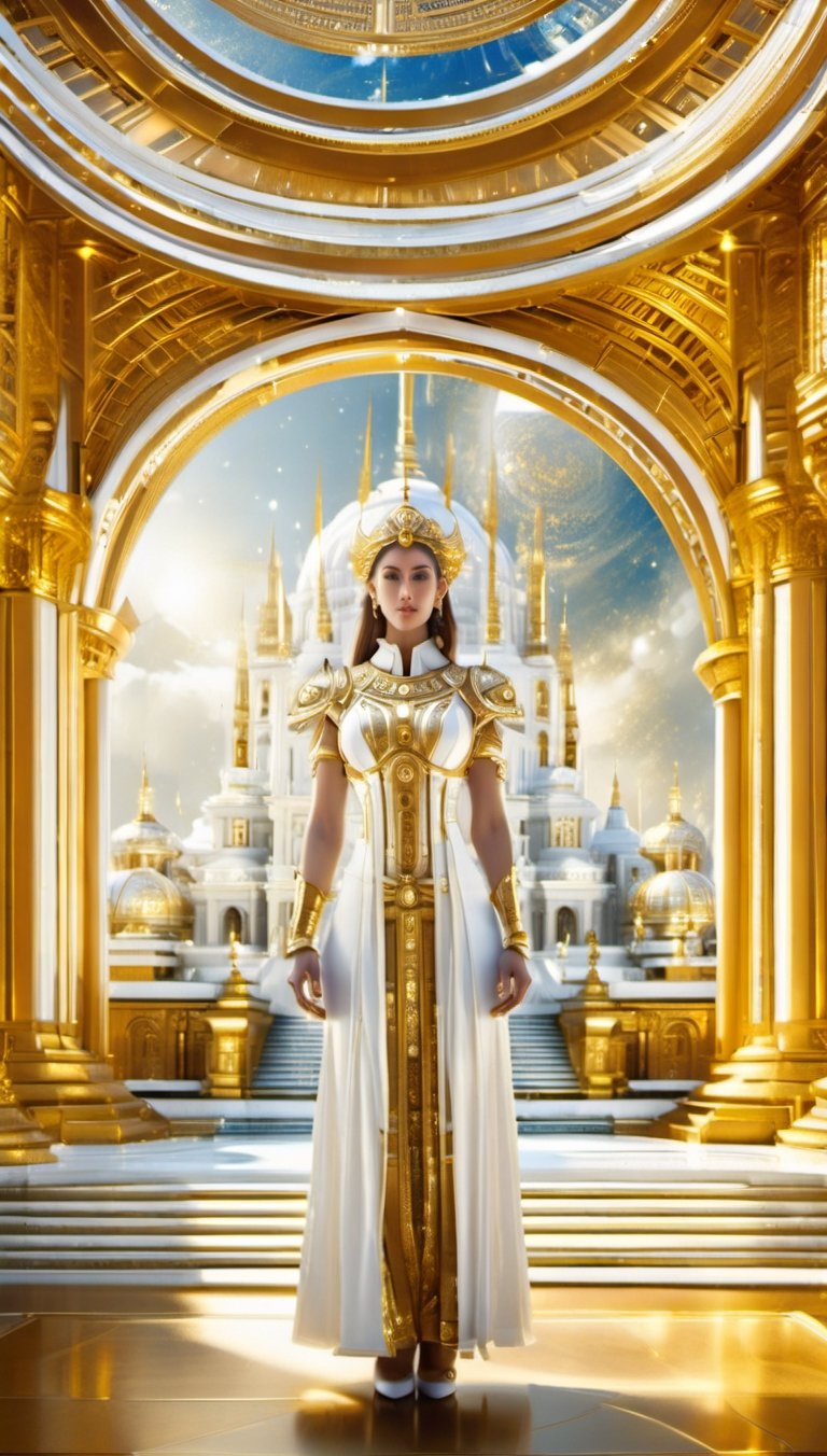 full body, photo to a fit woman, white and gold, temple background
,Renaissance Sci-Fi Fantasy