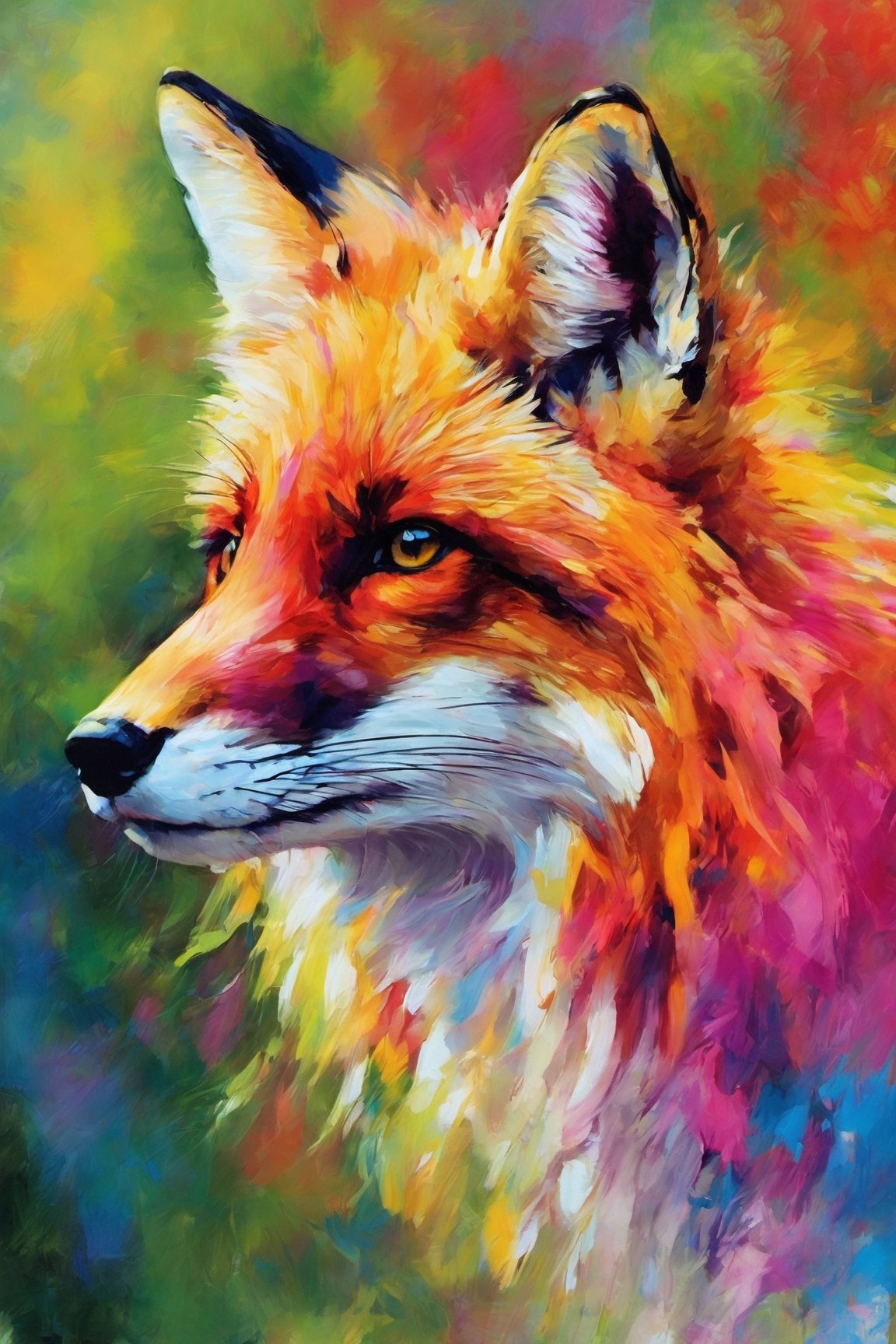 fox wit a rembow colorfull mane,art by sargent, thick line, careless line, short line, impressionist current, bright colors, semi abstract, inspired by envangog
