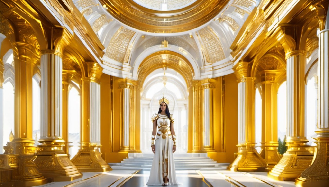 full body, photo to a fit woman, white and gold, temple background
,Renaissance Sci-Fi Fantasy