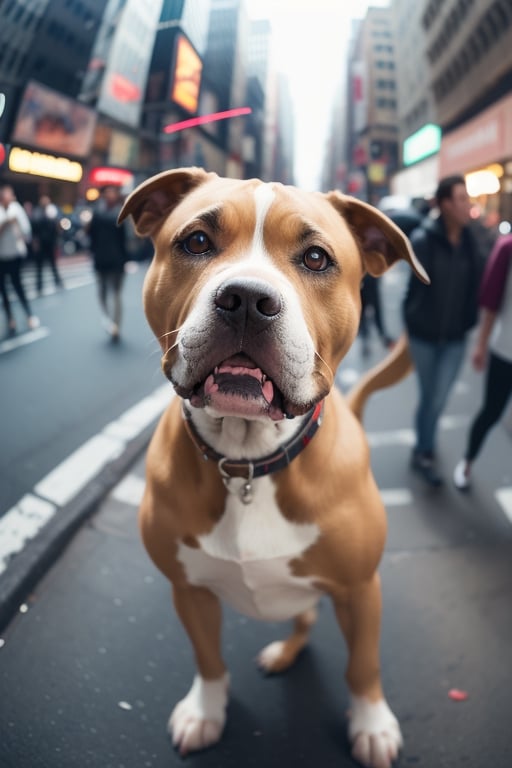 cute angry pit bull on a New York street, cinematic, epic frame, fisheye, 3d effect, blur, busy city, scared people, blurred background, skyscraper, pop culture