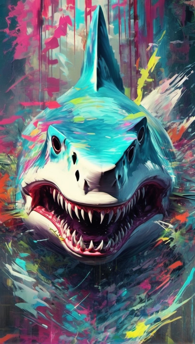 shark on the forest, urban painting, graffiti, glitch style, monster anatomy, open mouth, animal aura, danger aura, wisdom aura, zoom out, informatic error, visual error, 3D error, danger signal
,monster,DonMCyb3rSp4c3XL,nature