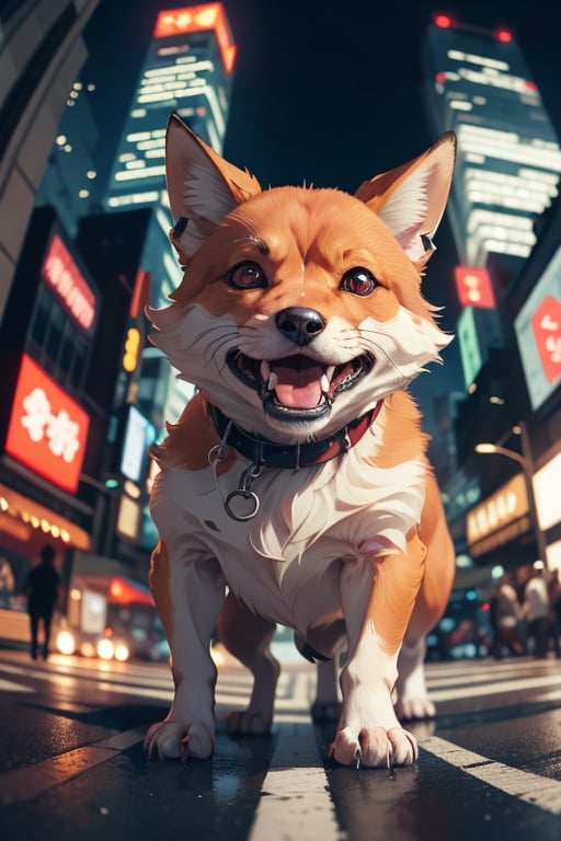 cute angry fox on a old  tokio, cinematic, epic frame, fisheye, 3d effect, blur, busy city, scared people, blurred background, skyscraper, pop culture, puppy, barking puppy, angry puppy, muscled puppy, at night, epic, zoom out