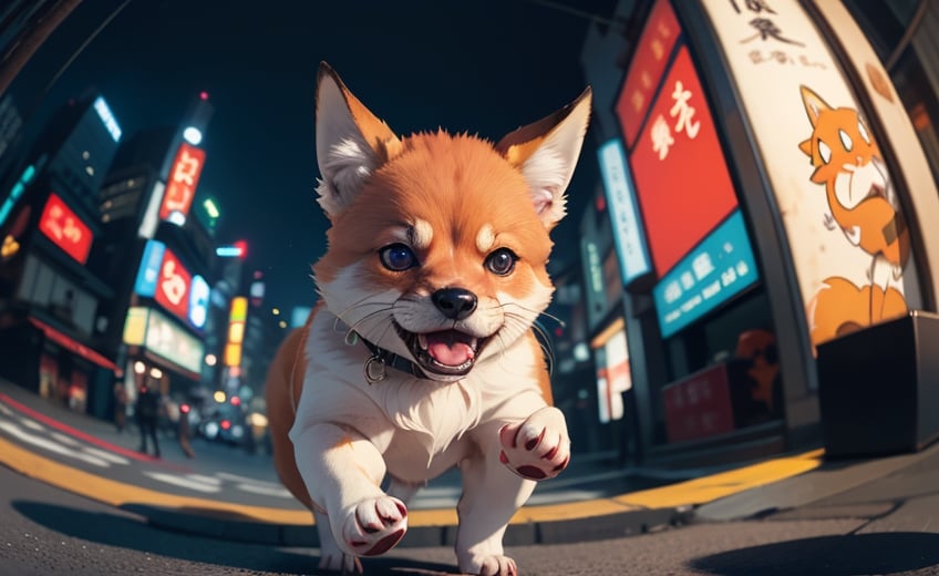 cute angry fox spirit from japanese folklore on a old tokio, cinematic, epic frame, fisheye, 3d effect, blur, busy city, scared people, blurred background, skyscraper, pop culture, puppy, barking puppy, angry puppy, muscled puppy, at night, epic, zoom out, fish eye