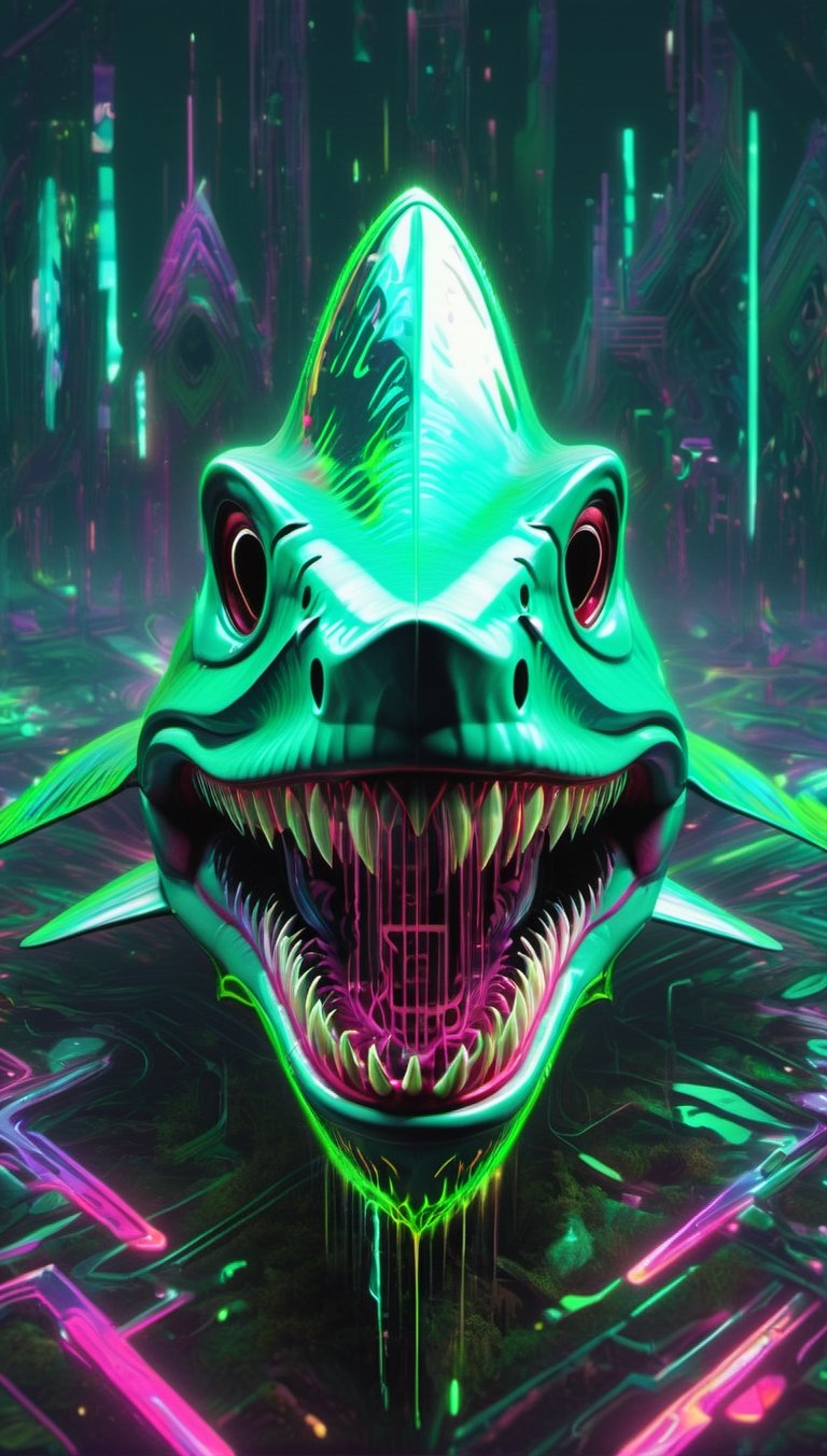 shark on the forest, urban painting, graffiti, glitch style, monster anatomy, open mouth, animal aura, danger aura, wisdom aura, zoom out, informatic error, visual error, 3D error, danger signal
,monster,DonMCyb3rSp4c3XL,nature