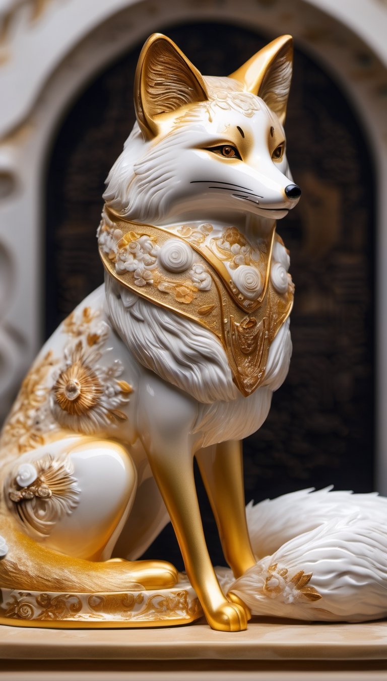 full body, ultra detailed porcelain japanice fox, soft texture, bichromatic, mithic creature, shiny texture, polished texture, small cracks, solemn, beast, robust, lurking, impulsive sun-shaped coat, layered hair, thick layers, gradient touches, white and gold, temple background
