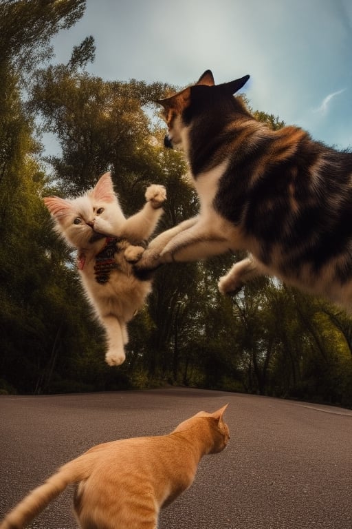 fight between a dog and a cat on a New York street, cinematic, most epic frame, fisheye, 3d effect, blur