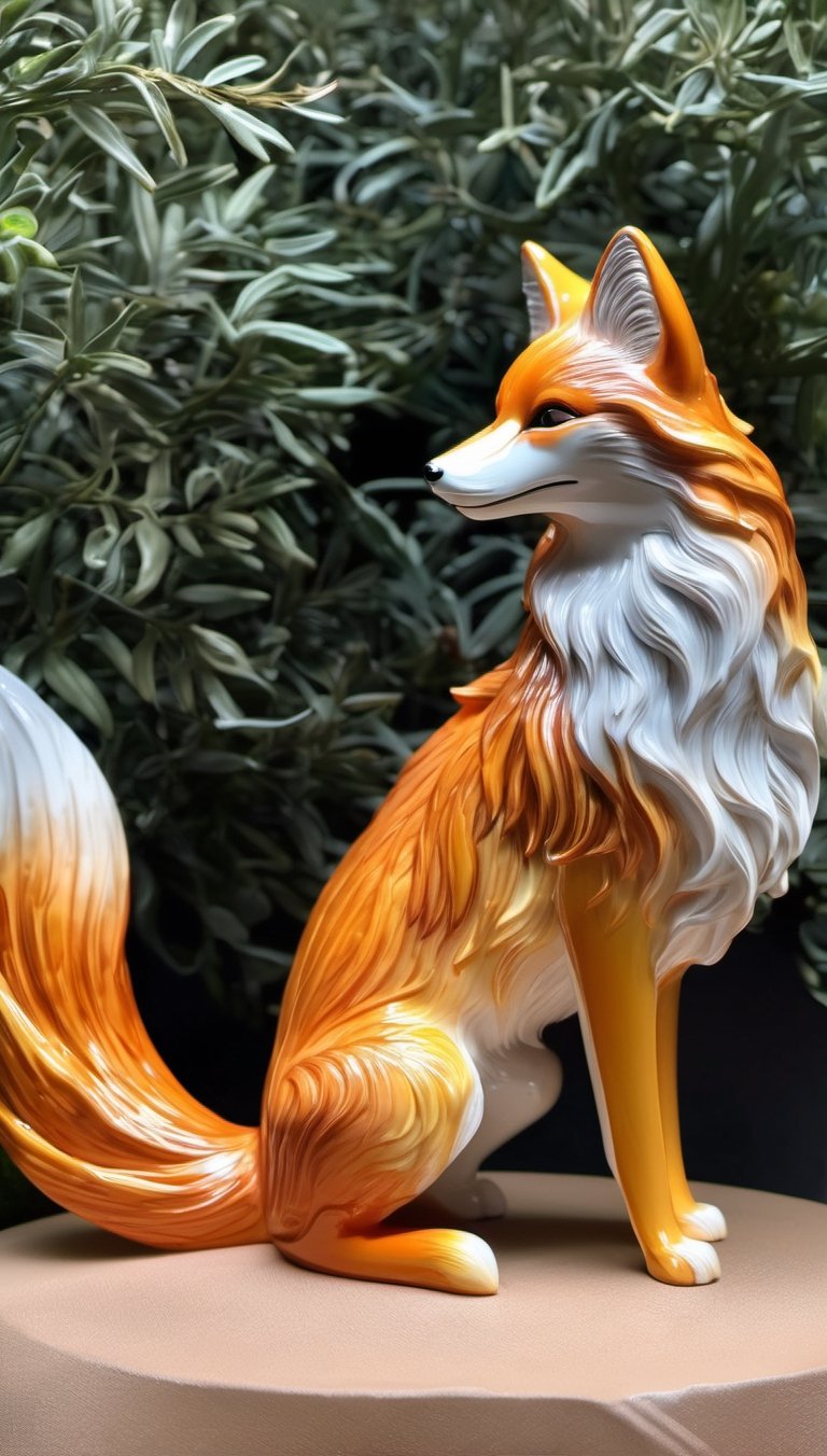 full body, ultra detailed porcelain japanice fox, soft texture, bichromatic, mithic creature, shiny texture, polished texture, small cracks, solemn, beast, robust, lurking, impulsive sun-shaped coat, layered hair, thick layers, gradient touches