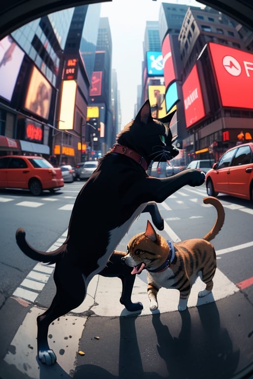 fight between a dog and a cat on a New York street, cinematic, epic frame, fisheye, 3d effect, blur, busy city, scared people, blurred background, skyscraper, pop culture