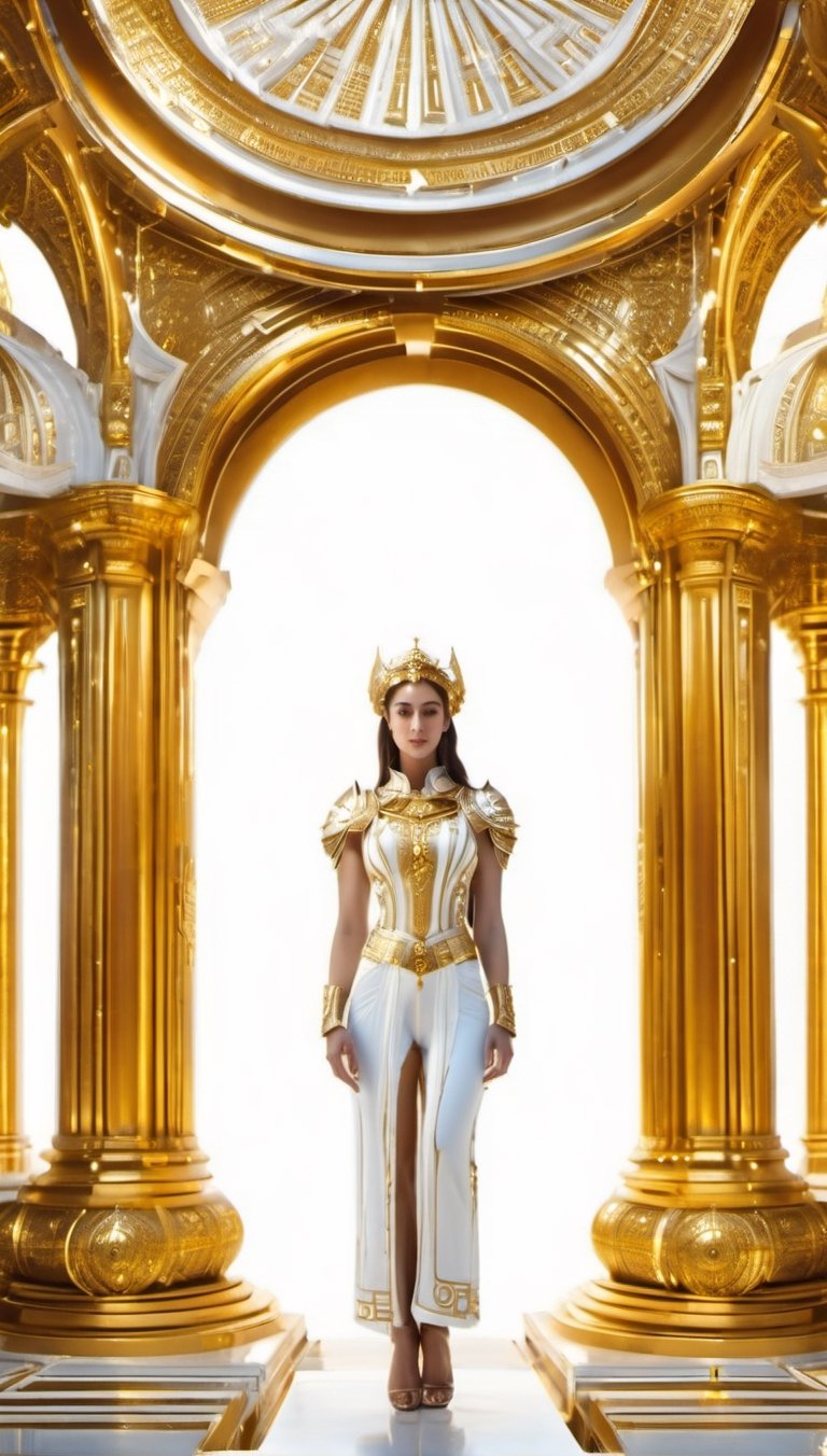 full body, photo to a fit woman, white and gold, temple background
,Renaissance Sci-Fi Fantasy