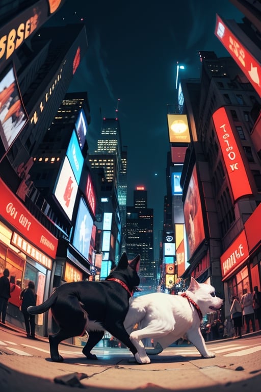 fight between a dog and a cat on a New York street, cinematic, epic frame, fisheye, 3d effect, blur, busy city, scared people, blurred background, skyscraper, pop culture