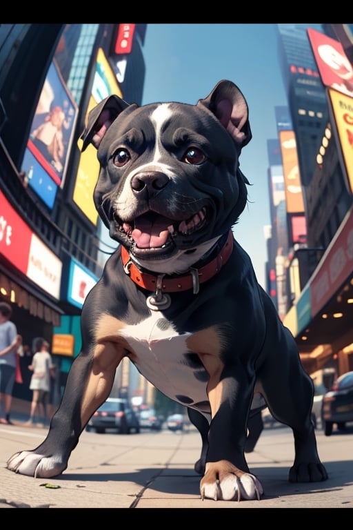 cute angry pit bull on a New York street, cinematic, epic frame, fisheye, 3d effect, blur, busy city, scared people, blurred background, skyscraper, pop culture, puppy, barking puppy, angry puppy, muscled puppy, at night, epic, zoom out