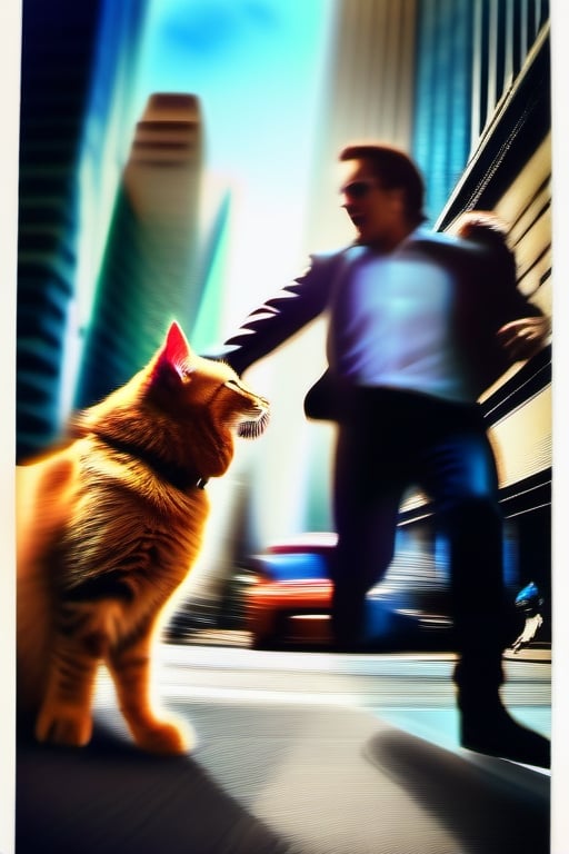 fight between a dog and a cat on a New York street, cinematic, epic frame, fisheye, 3d effect, blur, busy city, scared people, blurred background, skyscraper, pop culture