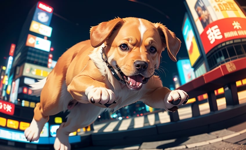 cute angry golden retriever on a old tokio, cinematic, epic frame, fisheye, 3d effect, blur, busy city, scared people, blurred background, skyscraper, pop culture, puppy, barking puppy, angry puppy, muscled puppy, at night, epic, zoom out, fish eye