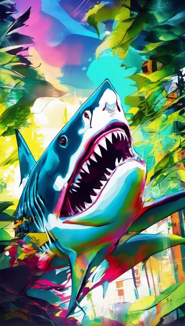 shark on the forest, urban painting, graffiti, glitch style, monster anatomy, open mouth, animal aura, danger aura, wisdom aura, zoom out, informatic error, visual error, 3D error, danger signal
