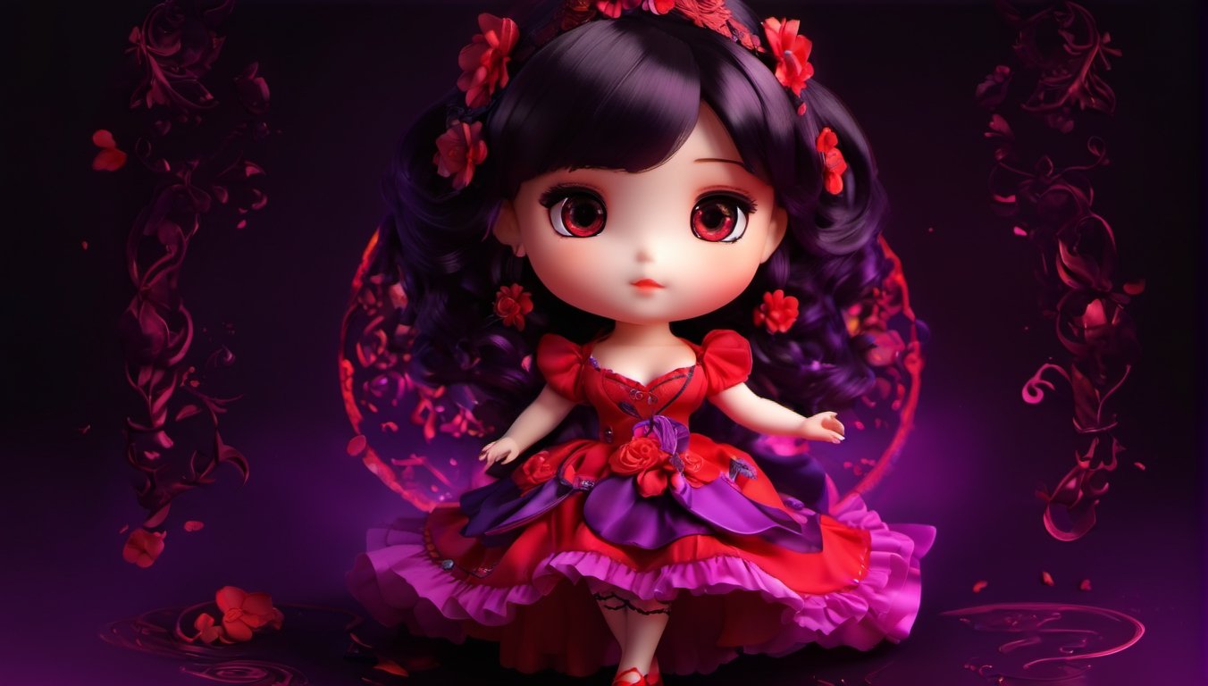 beauty woman, black background, light_purple_eyes, wich red dress, chibi,chibi, realistic, sinematic, photo studio, like a casual photo, ultra detailed porcelain doll, magic aura, magic style,3d style,anime, red dres, sadistic personality, cani, jakuza, tatto