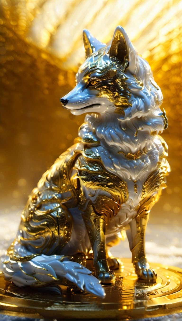 full body, ultra detailed porcelain japanice fox, soft texture, bichromatic, mithic creature, shiny texture, polished texture, small cracks, solemn, beast, robust, lurking, impulsive sun-shaped coat, layered hair, thick layers, gradient touches, white and gold, temple background
,Renaissance Sci-Fi Fantasy