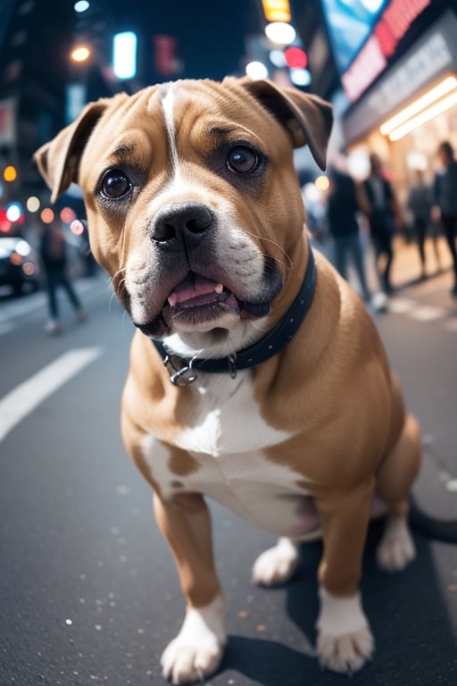 cute angry pit bull on a New York street, cinematic, epic frame, fisheye, 3d effect, blur, busy city, scared people, blurred background, skyscraper, pop culture, puppy, barking puppy, angry puppy, muscled puppy, at night