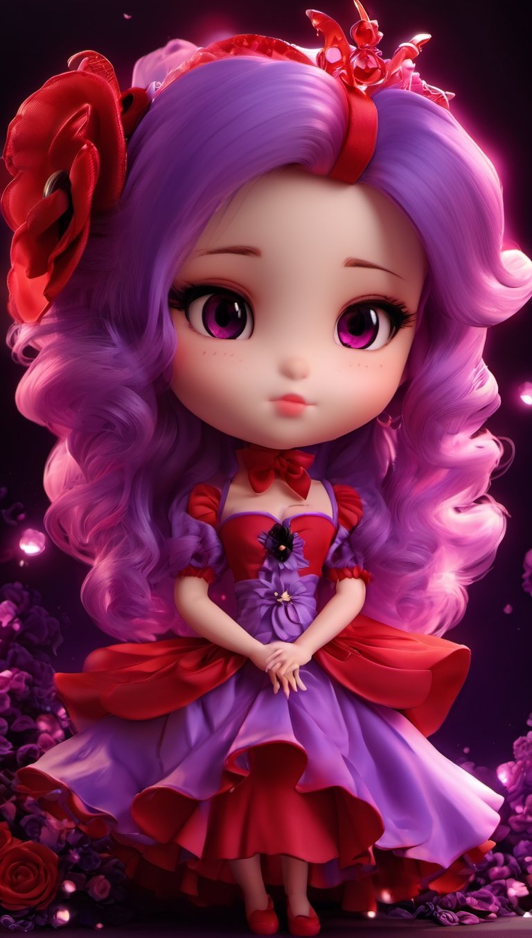 beauty woman, black background, light_purple_eyes, wich red dress, chibi,chibi, realistic, sinematic, photo studio, like a casual photo, ultra detailed porcelain doll, magic aura, magic style,3d style,anime, red dres, sadistic personality, cani, jakuza, tatto