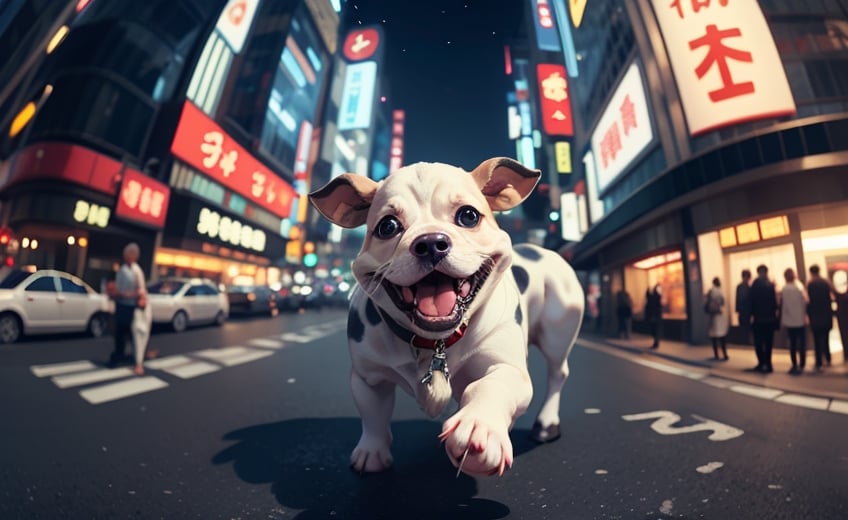 cute cow snake spirit from japanese folklore on a old inia, cinematic, epic frame, fisheye, 3d effect, blur, busy city, scared people, blurred background, skyscraper, pop culture, puppy, barking puppy, angry puppy, muscled puppy, at night, epic, zoom out, fish eye