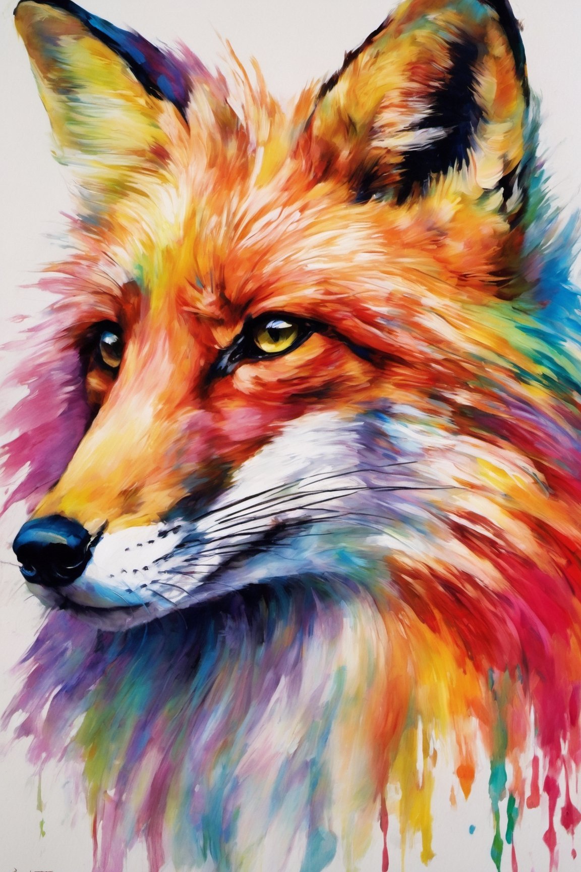 fox wit a rembow colorfull mane,art by sargent, thick line, careless line, short line, impressionist current, bright colors, semi abstract, inspired by envangog
