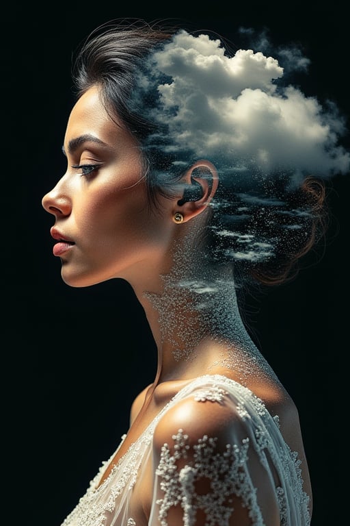 elegant gentle beautiful latin and brunnete woman build with multiple mandelbrot merge with ferromagnetics, double exposure clouds merge waterfalls, background black with julia fractals