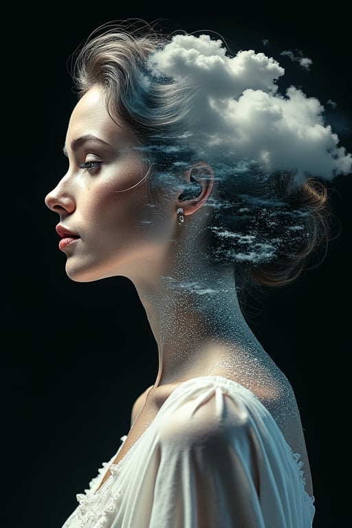 elegant gentle beautiful woman build with multiple mandelbrot merge with ferromagnetics, double exposure clouds merge waterfalls, background black with julia fractals