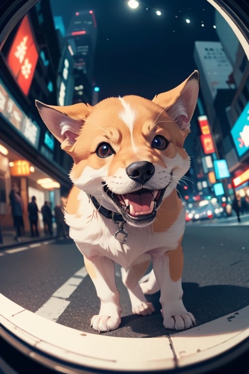 cute angryspirit fox on a old  tokio, cinematic, epic frame, fisheye, 3d effect, blur, busy city, scared people, blurred background, skyscraper, pop culture, puppy, barking puppy, angry puppy, muscled puppy, at night, epic, zoom out, fish eye