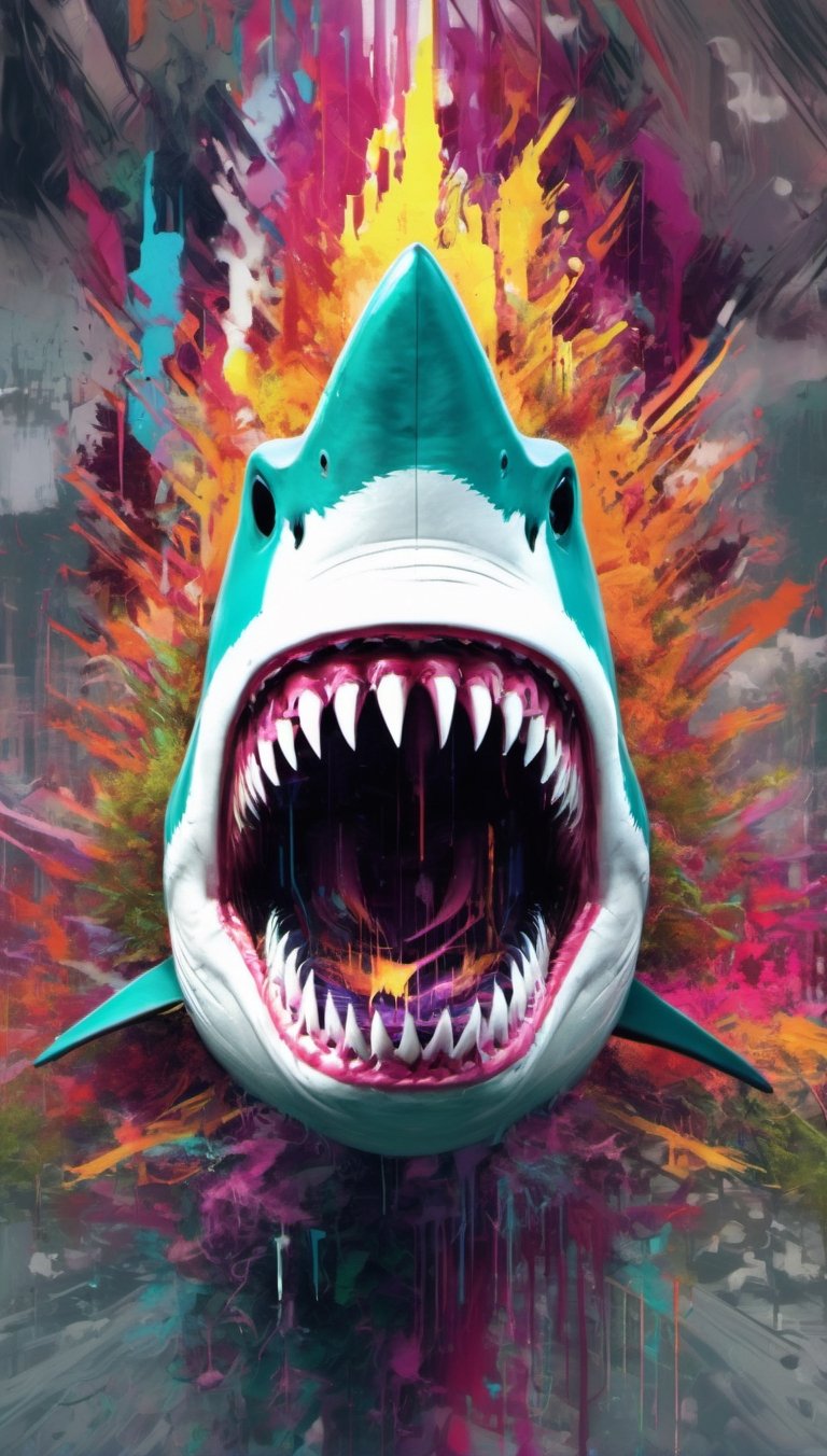 shark on the forest, urban painting, graffiti, glitch style, monster anatomy, open mouth, animal aura, danger aura, wisdom aura, zoom out, informatic error, visual error, 3D error, danger signal
,monster,DonMCyb3rSp4c3XL,nature