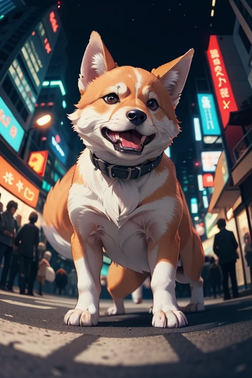 cute angry spirit fox on a old  tokio, cinematic, epic frame, fisheye, 3d effect, blur, busy city, scared people, blurred background, skyscraper, pop culture, puppy, barking puppy, angry puppy, muscled puppy, at night, epic, zoom out, fish eye