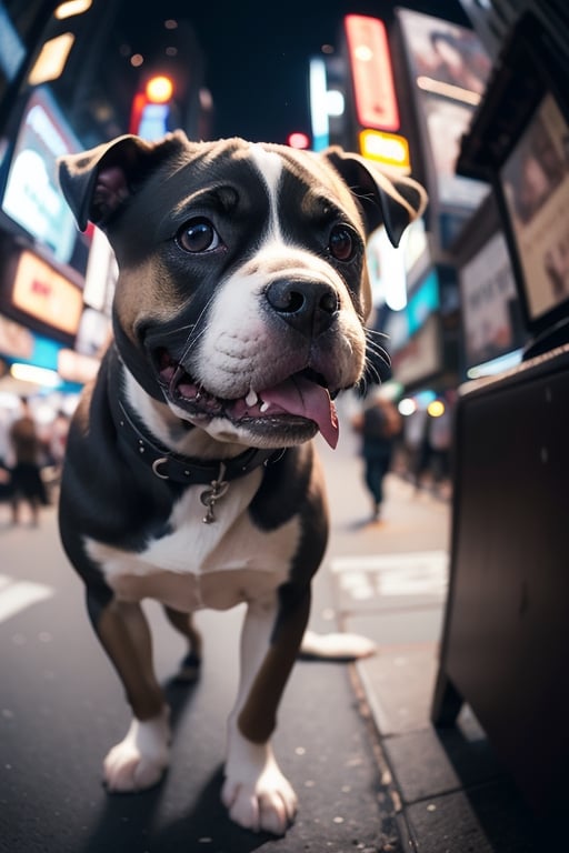 cute angry pit bull on a New York street, cinematic, epic frame, fisheye, 3d effect, blur, busy city, scared people, blurred background, skyscraper, pop culture, puppy, barking puppy, angry puppy, muscled puppy, at night