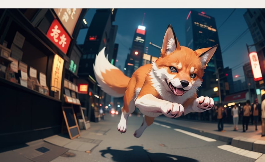 cute angry fox spirit from japanese folklore on a old tokio, cinematic, epic frame, fisheye, 3d effect, blur, busy city, scared people, blurred background, skyscraper, pop culture, puppy, barking puppy, angry puppy, muscled puppy, at night, epic, zoom out, fish eye