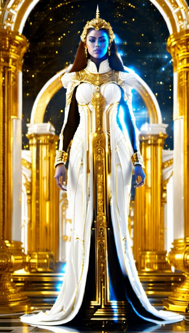 full body, photo to a fit woman, white and gold, temple background
,Renaissance Sci-Fi Fantasy