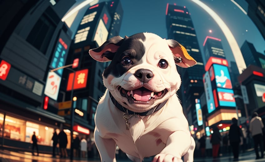 cute cow spirit from japanese folklore on a old inia, cinematic, epic frame, fisheye, 3d effect, blur, busy city, scared people, blurred background, skyscraper, pop culture, puppy, barking puppy, angry puppy, muscled puppy, at night, epic, zoom out, fish eye