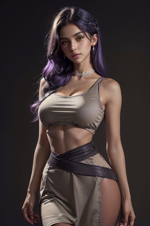 (1girl), (white crop-top t-shirt), ((large Breasts)), ((slim, skinny waist:1.2)), ((wide hips:1.6)), (grey backdrop), ((dark tan skin:1.5)), (long hair),((purple hair)), (((medieval era))), ((tow part dress)), (sexy dress) dutch angle, low camera angle, masterpiece, best quality, realistic, ultra highres, depth of field, (detailed face:1.2), (detailed eyes:1.2), (masterpiece:1.2), (ultra-detailed), (best quality), intricate, comprehensive cinematic, photography, (gradients), colorful, visual key, backlit