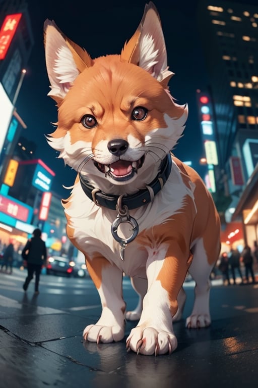 cute angry fox on a old  tokio, cinematic, epic frame, fisheye, 3d effect, blur, busy city, scared people, blurred background, skyscraper, pop culture, puppy, barking puppy, angry puppy, muscled puppy, at night, epic, zoom out