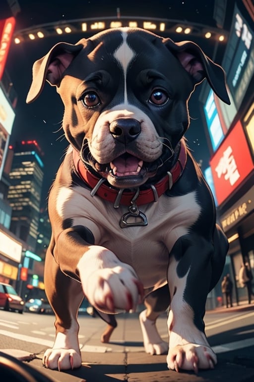 cute angry pit bull on a New tokio, cinematic, epic frame, fisheye, 3d effect, blur, busy city, scared people, blurred background, skyscraper, pop culture, puppy, barking puppy, angry puppy, muscled puppy, at night, epic, zoom out