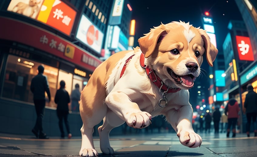 cute angry golden retriever on a old tokio, cinematic, epic frame, fisheye, 3d effect, blur, busy city, scared people, blurred background, skyscraper, pop culture, puppy, barking puppy, angry puppy, muscled puppy, at night, epic, zoom out, fish eye