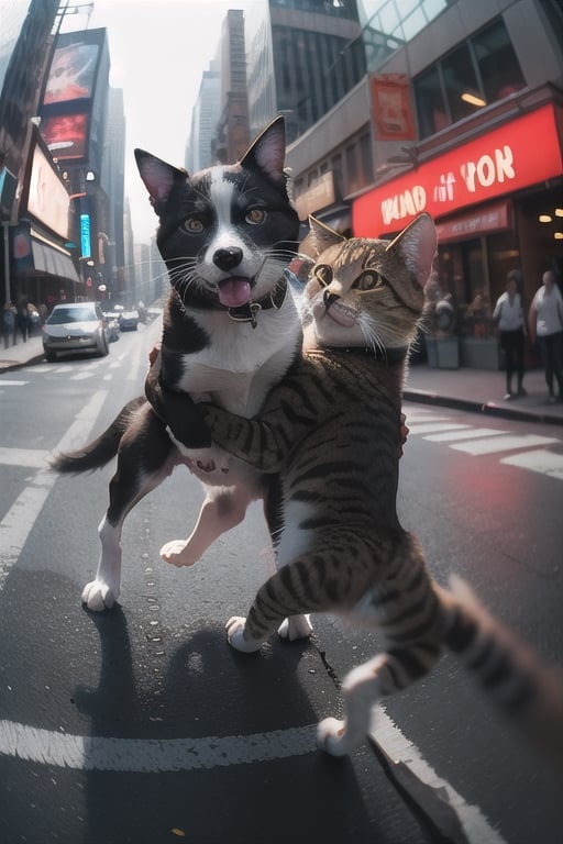 fight between a dog and a cat on a New York street, cinematic, epic frame, fisheye, 3d effect, blur, busy city, scared people, blurred background, skyscraper, pop culture