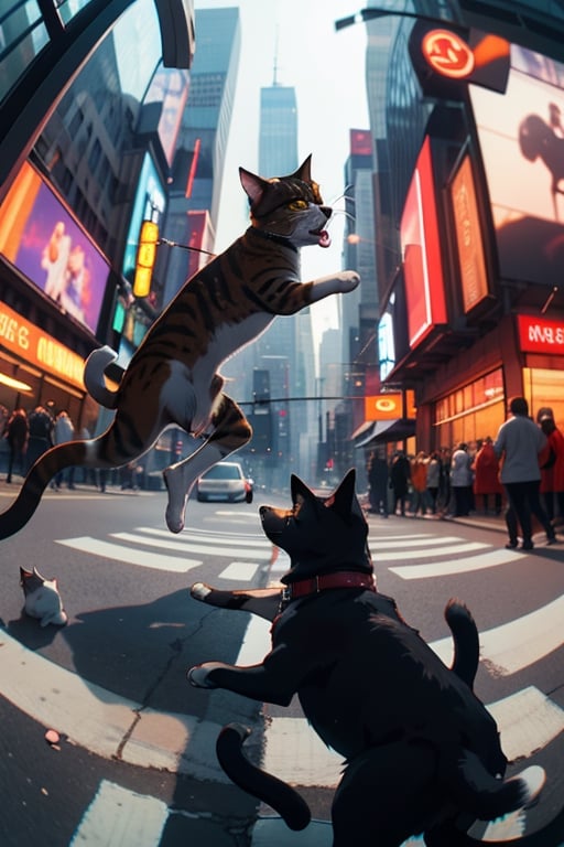 fight between a dog and a cat on a New York street, cinematic, epic frame, fisheye, 3d effect, blur, busy city, scared people, blurred background, skyscraper, pop culture