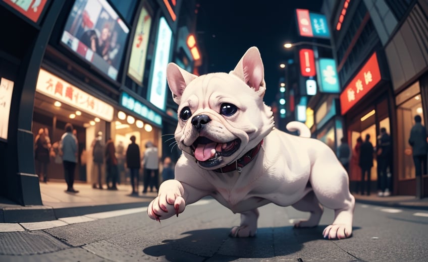 cute angry snake spirit from japanese folklore on a old tokio, cinematic, epic frame, fisheye, 3d effect, blur, busy city, scared people, blurred background, skyscraper, pop culture, puppy, barking puppy, angry puppy, muscled puppy, at night, epic, zoom out, fish eye