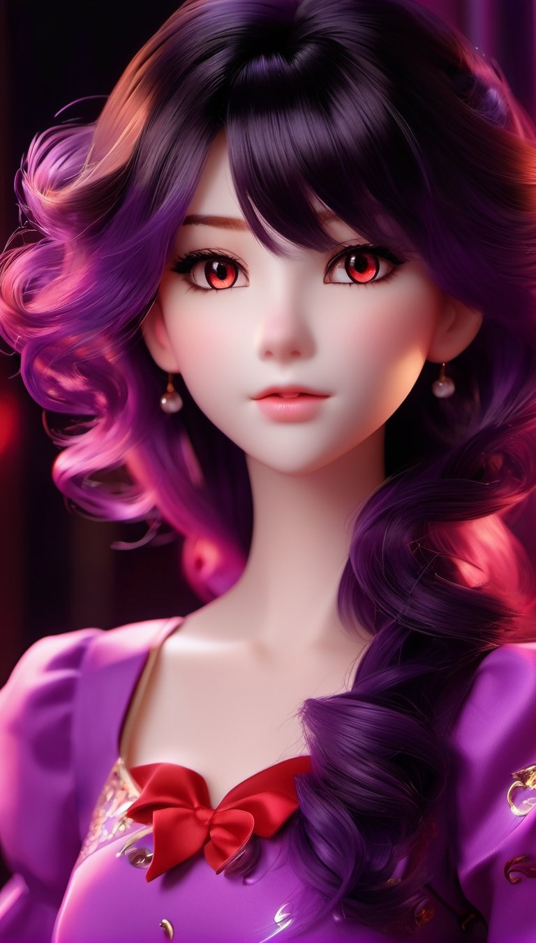 beauty woman, black background, light_purple_eyes, wich red dress, realistic, sinematic, photo studio, like a casual photo, ultra detailed porcelain doll, magic aura, magic style,3d style,anime, red dres, sadistic personality, cani, jakuza, tatto, panoramic, zoom out important background, realistic face, anime face, cat eyes, whole body, short hair, unruly hair, wavy hair, updo hair, vibrant hair