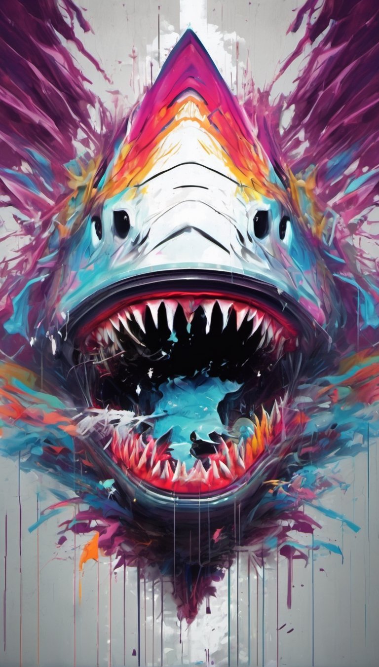 shark on the forest, urban painting, graffiti, glitch style, monster anatomy, open mouth, animal aura, danger aura, wisdom aura, zoom out, informatic error, visual error, 3D error, danger signal
