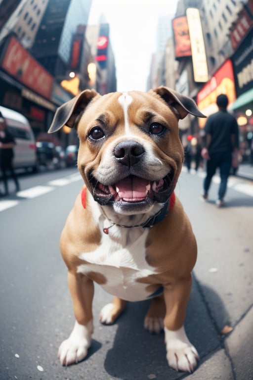 cute angry pit bull on a New York street, cinematic, epic frame, fisheye, 3d effect, blur, busy city, scared people, blurred background, skyscraper, pop culture, puppy, barking puppy, angry puppy, muscled puppy