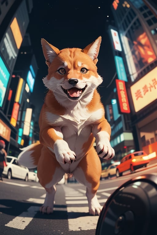 cute angryspirit fox on a old  tokio, cinematic, epic frame, fisheye, 3d effect, blur, busy city, scared people, blurred background, skyscraper, pop culture, puppy, barking puppy, angry puppy, muscled puppy, at night, epic, zoom out, fish eye