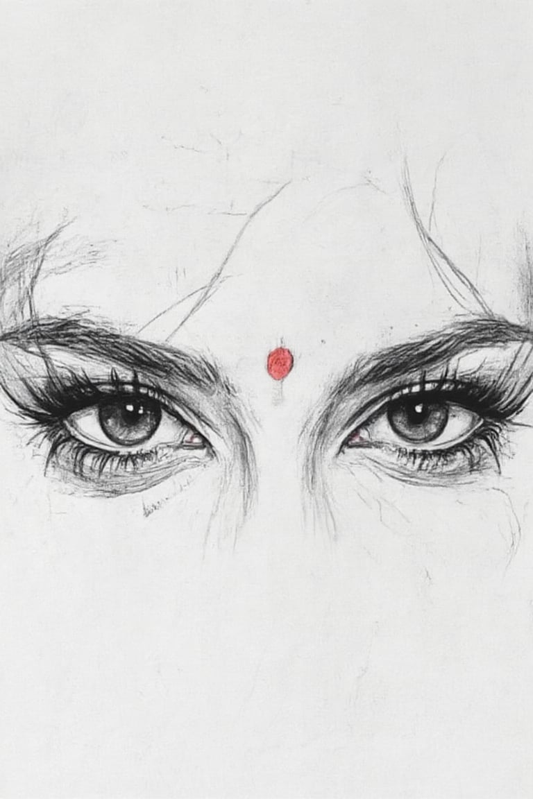 An artistic real charcoal pencil sketch of eyes with thick eyeliner and a small round red bindi spreaded. The eyes are large and expressive, with dark, deep-set sockets. The eyeliner is bold and black, accentuating the shape of the eyes. .