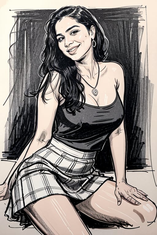 A  comic-style linocut illustration, a woman with long straight black  hair, smiling sensually . complemented by a blue pendant necklace, She is wearing a pleated skirt, and tight thsir  Her legs spread, and she appears sensual and poised.A sultry Malayali yakshi beauty, 35 years young and radiant, poses in a portrait sketch of raw elegance. Charcoal lines boldly frame her face, capturing her high cheekbones, 