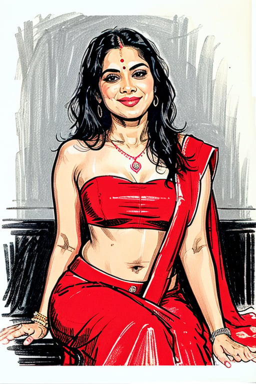 A vivid and energetic comic-style linocut illustration, a woman with long straight black  hair, smiling sensually . complemented by a blue pendant necklace, She is wearing a  red wet saree .  Her legs spread, and she appears sensual and poised.A sultry Malayali yakshi beauty, 35 years young and radiant, poses in a portrait sketch of raw elegance. Charcoal lines boldly frame her face, capturing her high cheekbones, 