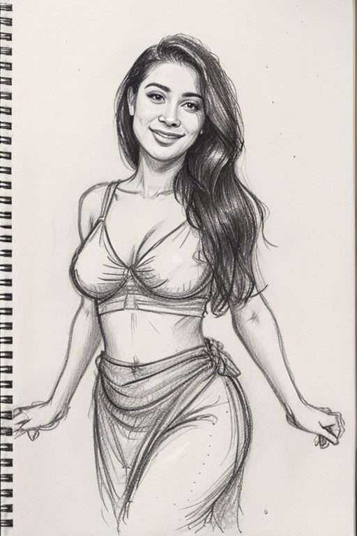 A sultry Malayali beauty, 35 years young and radiant. Charcoal art brings her to life in a portrait sketch of raw elegance. She smiles seductively, wearing only a loose shirt that drapes effortlessly from her waist. The charcoal lines are bold and expressive, capturing the high clarity and good proportions of her curvy figure. A masterpiece unfolds as the pencil sketch takes shape, revealing a stunning work of art.