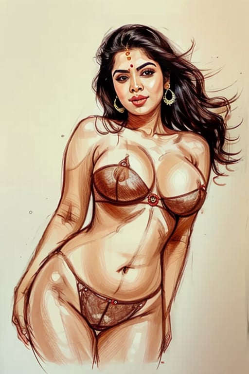 A high quality, digital sketch of a sensual mallu woman in sexy seducing deep  blouse, curvy busty woman i  long straight hair, and high-definition details enhance the expressive composition.
